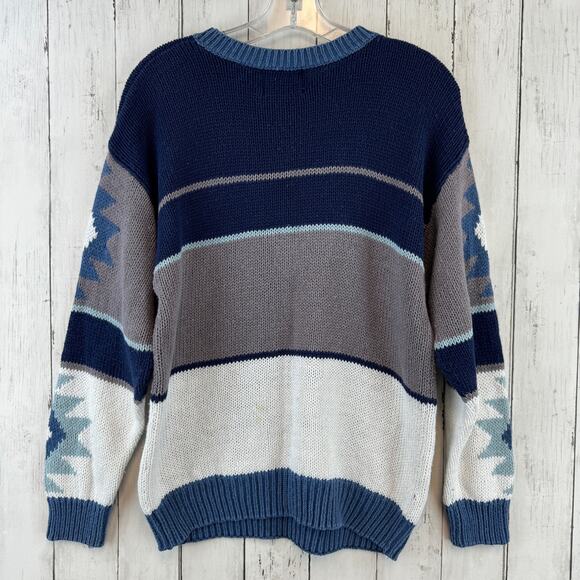VTG Cafe Blue/White Southwest Aztec Striped Knit Crewneck Sweater Size Medium - Picture 3 of 12